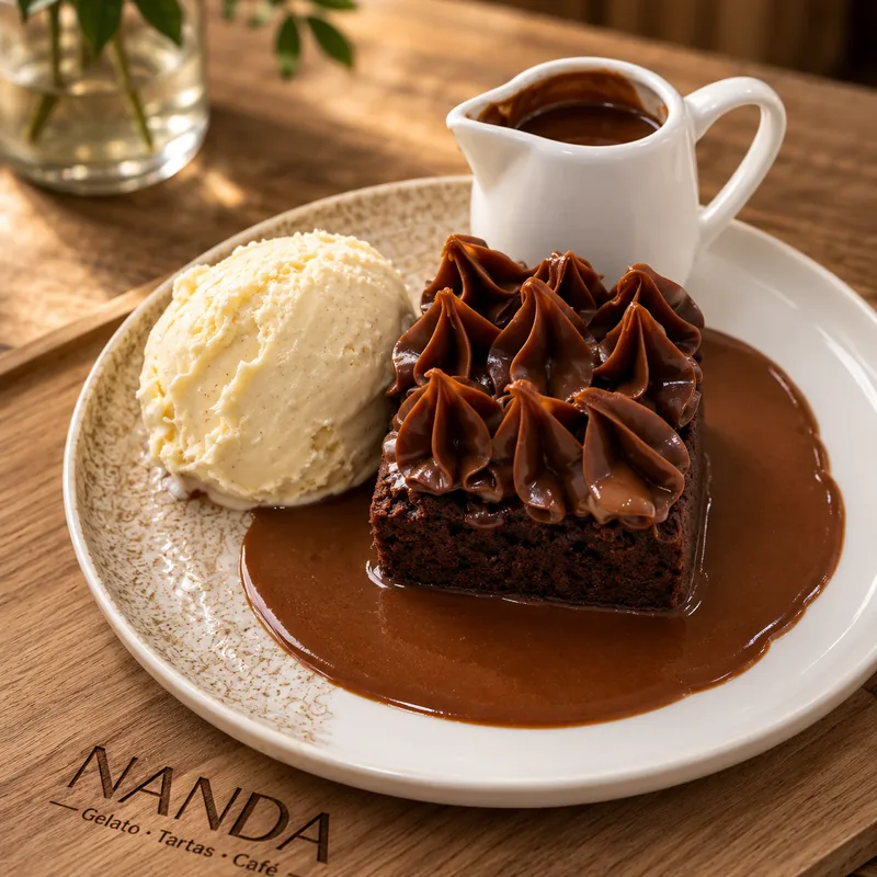 Brownie de chocolate con gelato de vainilla