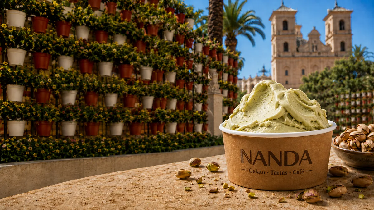 Tarrina de gelato de pistacho NANDA con la Catedral de Murcia al fondo